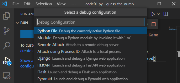 Selecting debugging configuration.